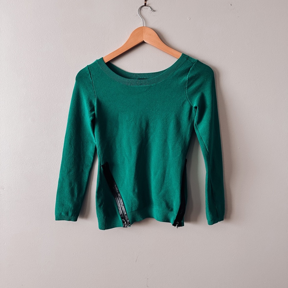 bebe green sweater with leather zipper details